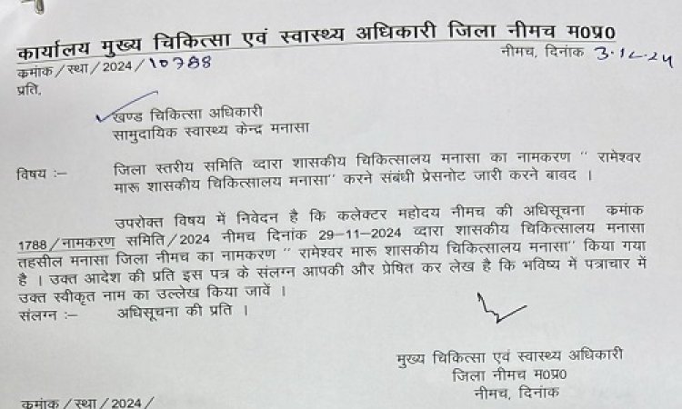 NEWS : अब इनके नाम से जाना जाएगा मनासा का शासकीय चिकित्सालय, जिला कलेक्टर ने जारी की अधिसूचना, पढ़े खबर