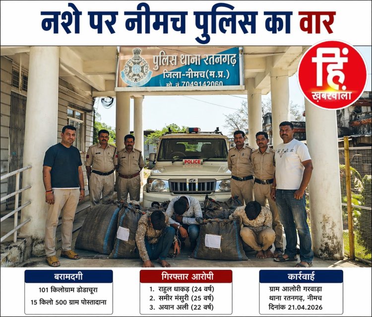 BIG NEWS : नीमच में नशे पर वार-101 किलो डोडाचूरा सहित 3 आरोपी गिरफ्तार,रतनगढ़ पुलिस का बड़ा खुलासा, खेत से निकला भारी मात्रा में अवैध मादक पदार्थ,सायबर सेल और पुलिस टीम की संयुक्त कार्रवाई से मिली सफलता,पढ़े ये खबर