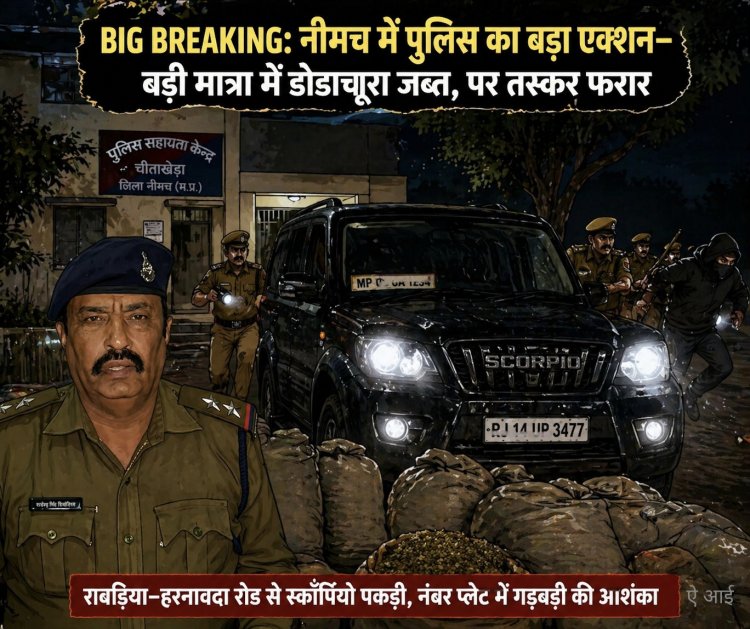 BIG BREAKING: नीमच में पुलिस ने जान जोखिम में डालकर तस्करों का किया पीछा—बड़ी मात्रा में डोडाचूरा जब्त, पर आरोपी यु फदया उठा हुआ फरार,राबड़िया–हरनावदा रोड पर हाई वोल्टेज चेज; स्कॉर्पियो पकड़ी, फर्जी नंबर प्लेट का खेल उजागर होने के संकेत,पढ़े ये खबर