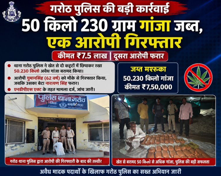 BIG NEWS : गरोठ पुलिस की बड़ी कार्रवाई: भारी मात्रा मे गांजा जब्त, एक आरोपी गिरफ्तार,बेटे के साथ मिलकर कर रहा था तस्करी, पूछताछ में हुआ खुलासा, पढ़े ये खबर